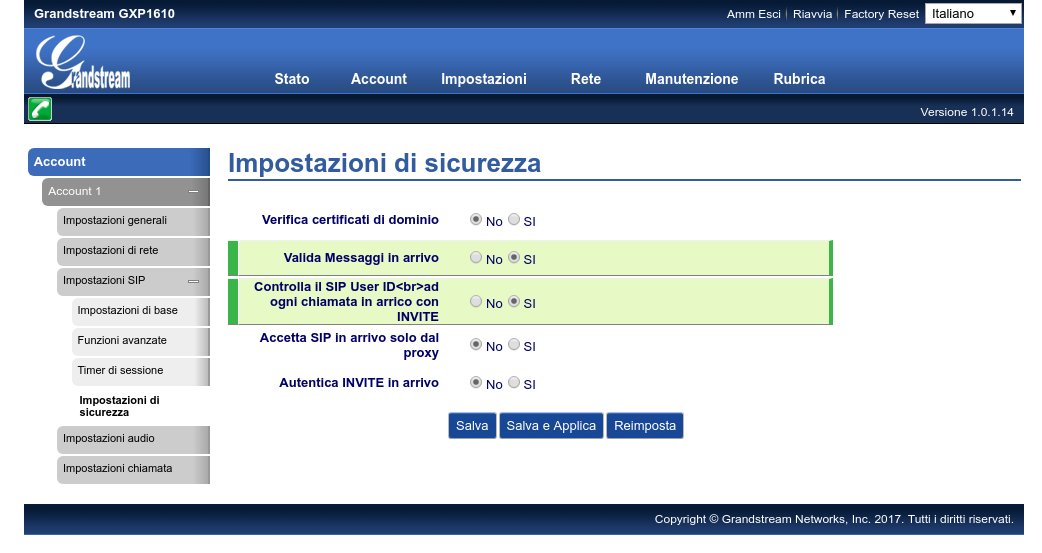 Impostazioni di sicurezza Grandstream GXP 16XX
