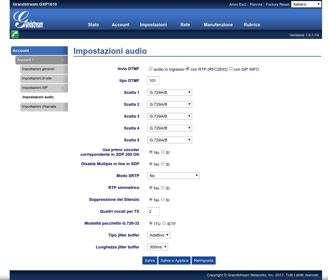 Impostazioni audio Grandstream serie GXP 16XX