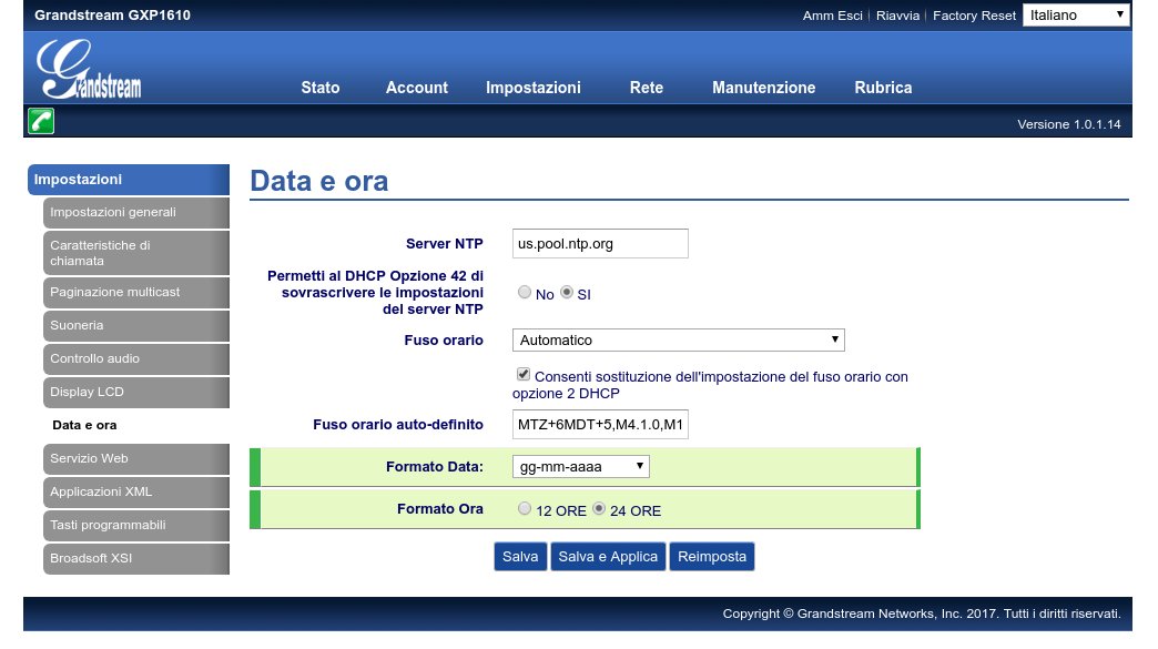Data e ora telefono Grandstream GXP 1610, 1620,1625