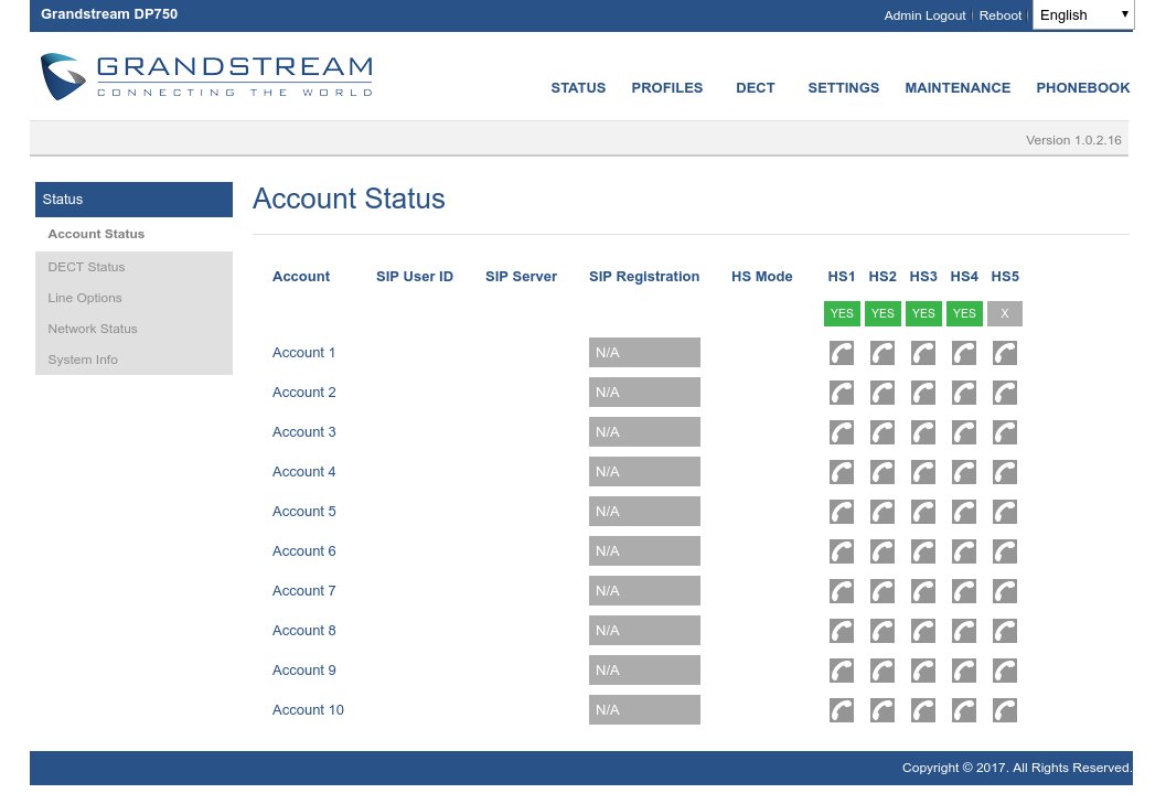 Account status Grandstream Dp-720 Dp-750