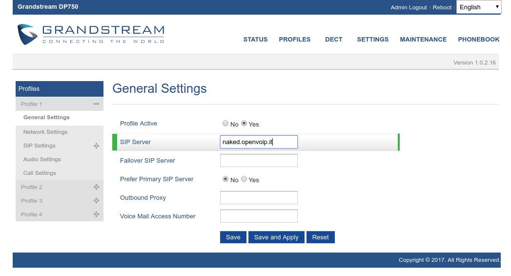 Configurazione General Settings del Grandstream DP750 con contratto Naked di openVOIP